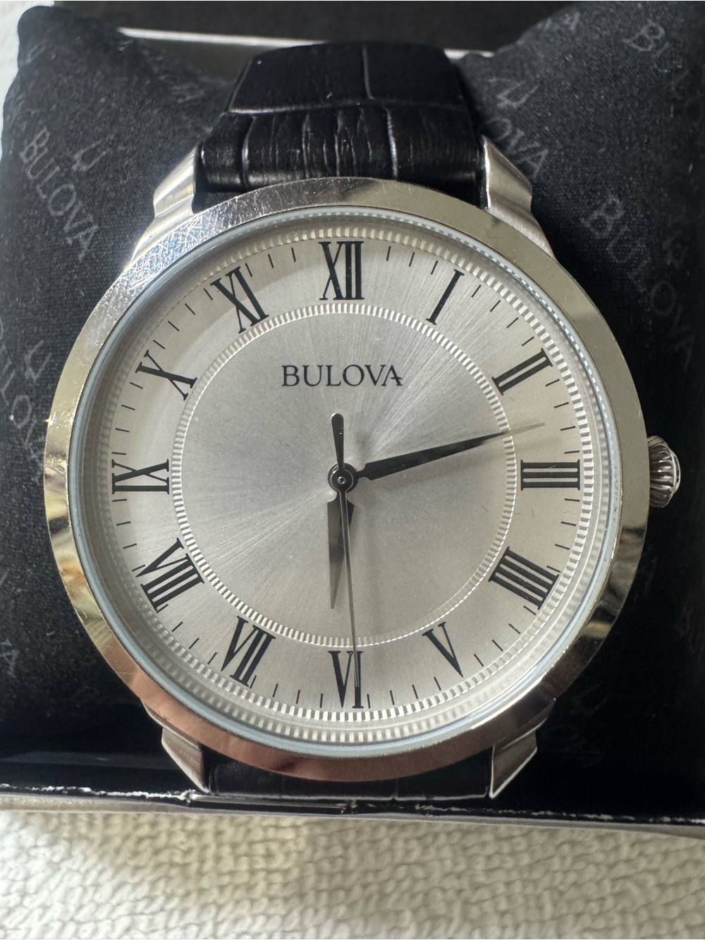 #226 Bulova Silver Dial Watch with Black Leather Strap